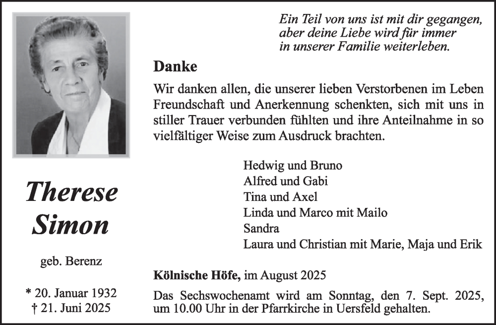  Traueranzeige für Therese Simon vom 30.08.2025 aus WochenSpiegel