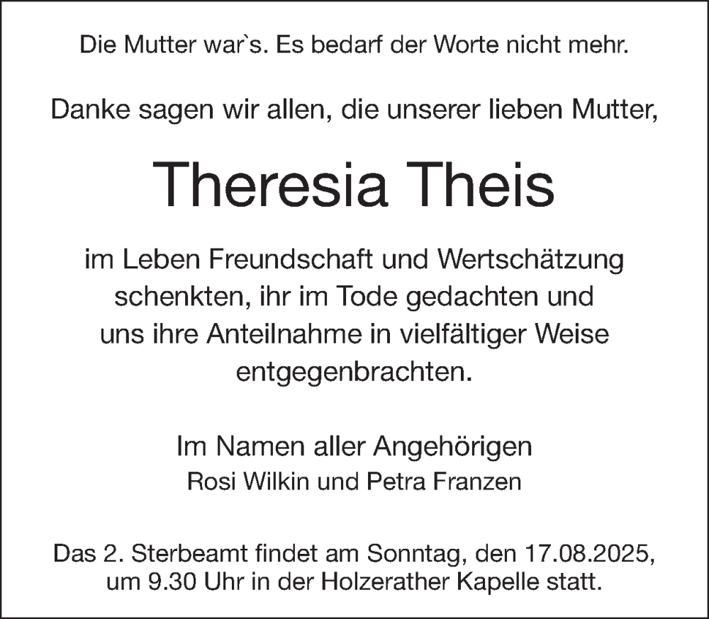  Traueranzeige für Theresia Theis vom 15.08.2025 aus WochenSpiegel