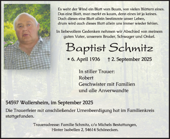 Traueranzeige von Baptist Schmitz von WochenSpiegel