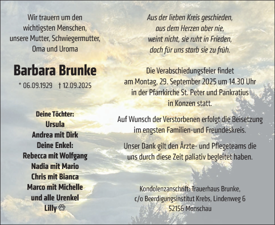 Traueranzeige von Barbara Brunke von WochenSpiegel