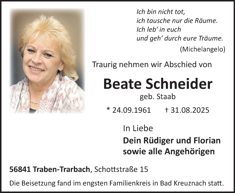  Traueranzeige für Beate Schneider vom 13.09.2025 aus WochenSpiegel