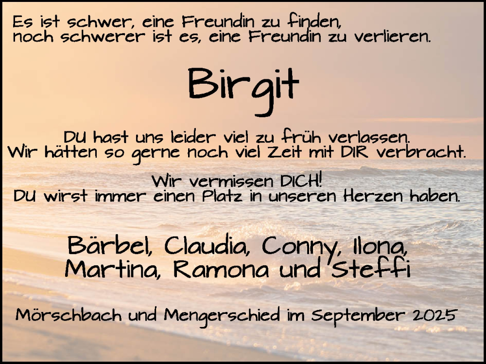 Traueranzeige für Birgit  vom 06.09.2025 aus WochenSpiegel
