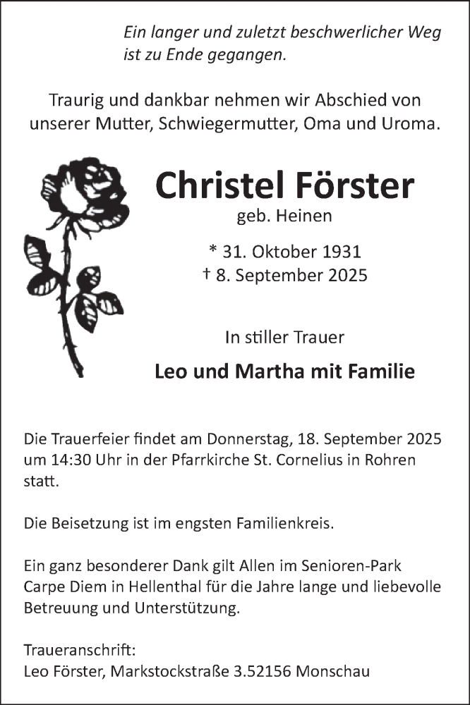  Traueranzeige für Christel Förster vom 17.09.2025 aus WochenSpiegel