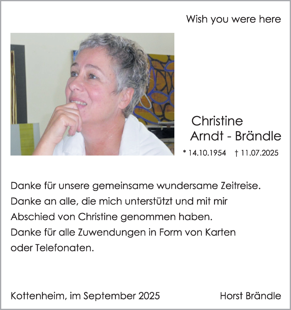  Traueranzeige für Christine Arndt - Brändle vom 03.09.2025 aus WochenSpiegel