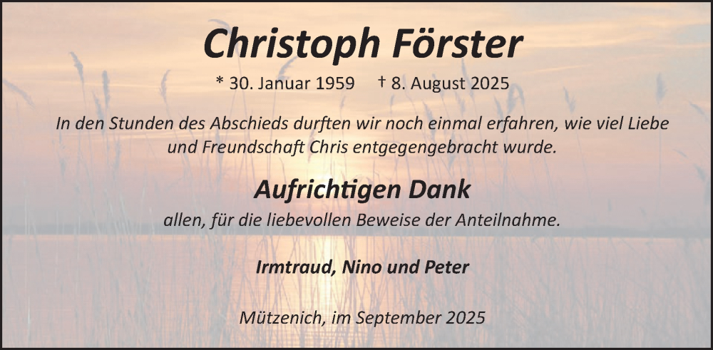  Traueranzeige für Christoph Förster vom 17.09.2025 aus WochenSpiegel