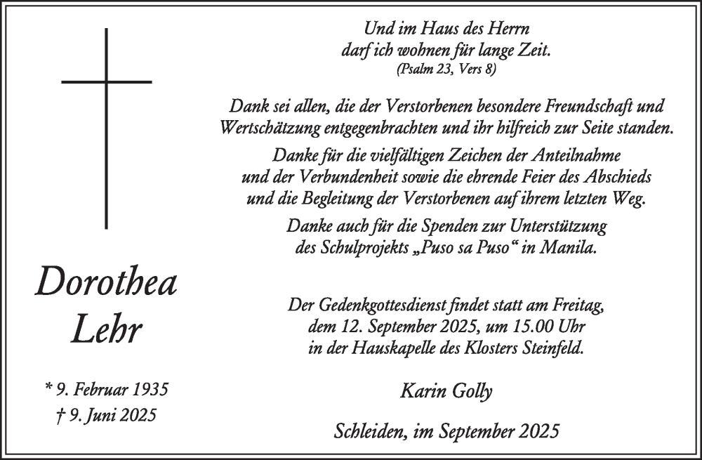  Traueranzeige für Dorothea Lebr vom 03.09.2025 aus WochenSpiegel