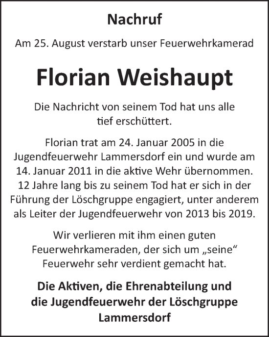 Traueranzeige von Florian Weishaupt von WochenSpiegel