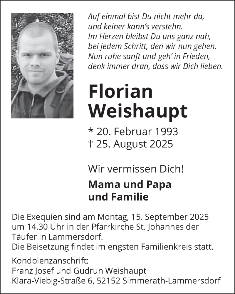  Traueranzeige für Florian Weishaupt vom 03.09.2025 aus WochenSpiegel