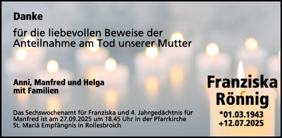Traueranzeige von Franziska Rönnig von WochenSpiegel