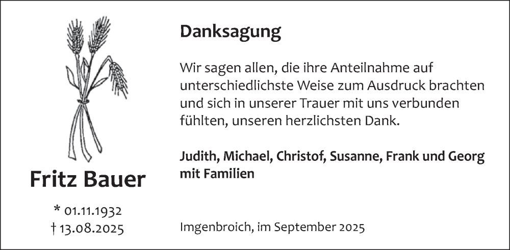  Traueranzeige für Fritz Bauer vom 17.09.2025 aus WochenSpiegel