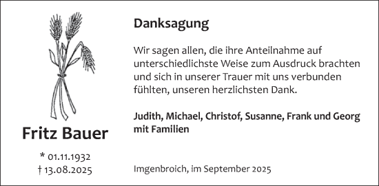 Traueranzeige von Fritz Bauer von WochenSpiegel