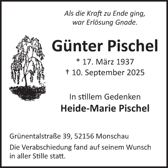 Traueranzeige von Günter Pischel von WochenSpiegel