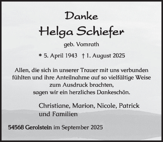 Traueranzeige von Helga Schiefer von WochenSpiegel
