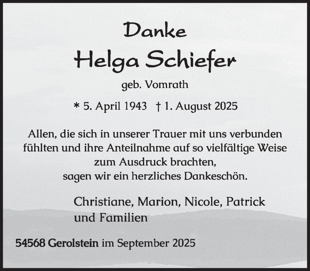  Traueranzeige für Helga Schiefer vom 13.09.2025 aus WochenSpiegel