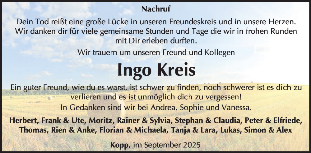  Traueranzeige für Ingo Kreis vom 06.09.2025 aus WochenSpiegel