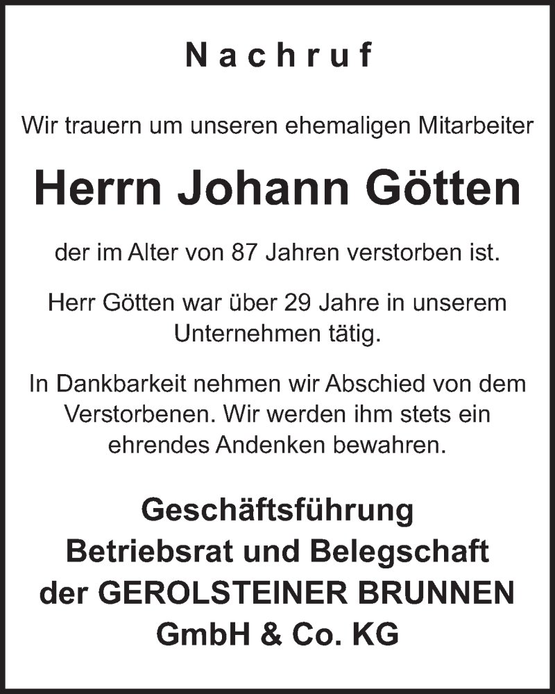  Traueranzeige für Johann Götten vom 06.09.2025 aus WochenSpiegel