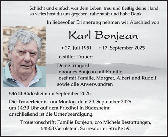 Traueranzeige von Karl Bonjean von WochenSpiegel