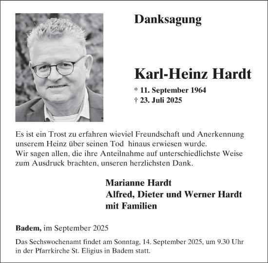 Traueranzeige von Karl-Heinz Hardt von WochenSpiegel