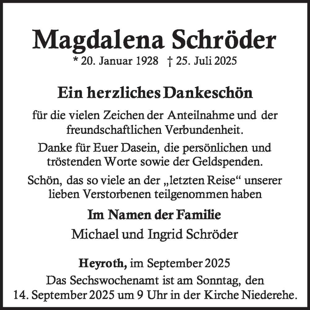  Traueranzeige für Magdalena Schröder vom 06.09.2025 aus WochenSpiegel
