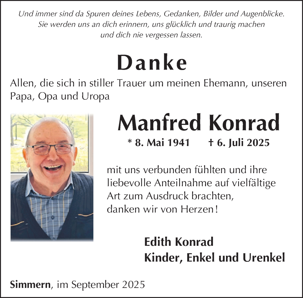  Traueranzeige für Manfred Konrad vom 13.09.2025 aus WochenSpiegel