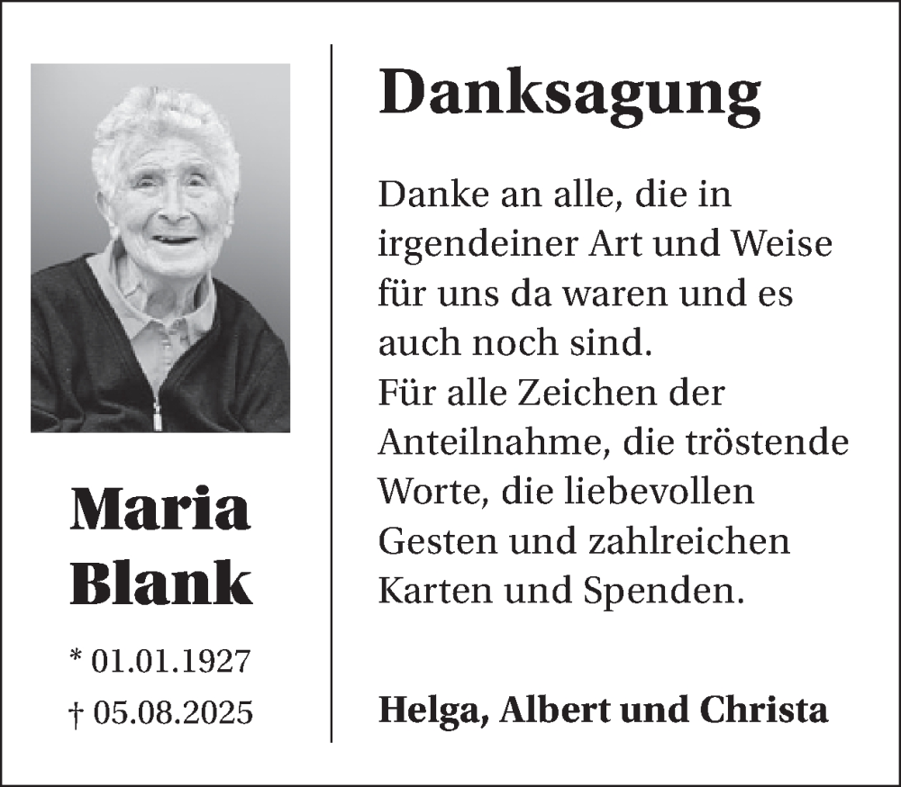  Traueranzeige für Maria Blank vom 26.09.2025 aus WochenSpiegel