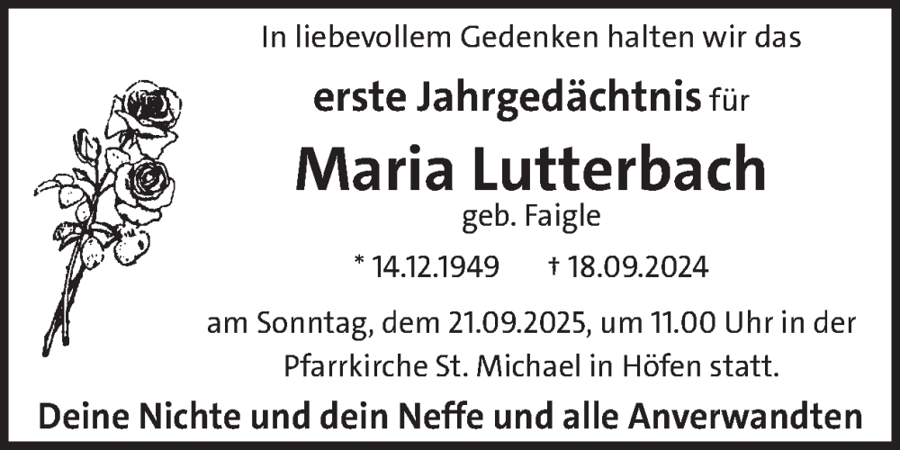  Traueranzeige für Maria Lutterbach vom 17.09.2025 aus WochenSpiegel