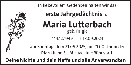 Traueranzeige von Maria Lutterbach von WochenSpiegel