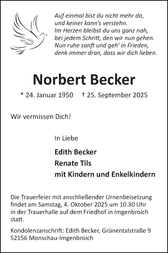 Traueranzeige von Norbert Becker von WochenSpiegel