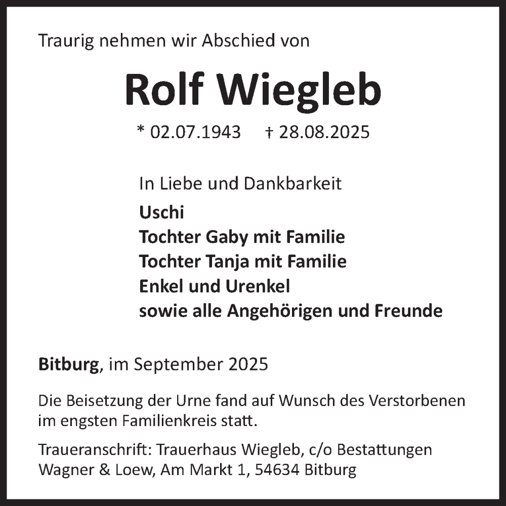  Traueranzeige für Rolf Wiegleb vom 12.09.2025 aus WochenSpiegel