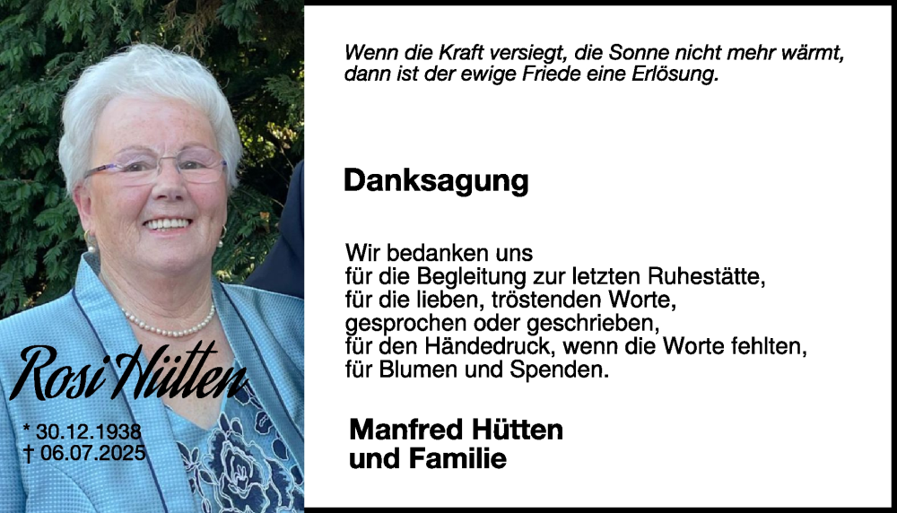  Traueranzeige für Rosi Hütten vom 10.09.2025 aus WochenSpiegel