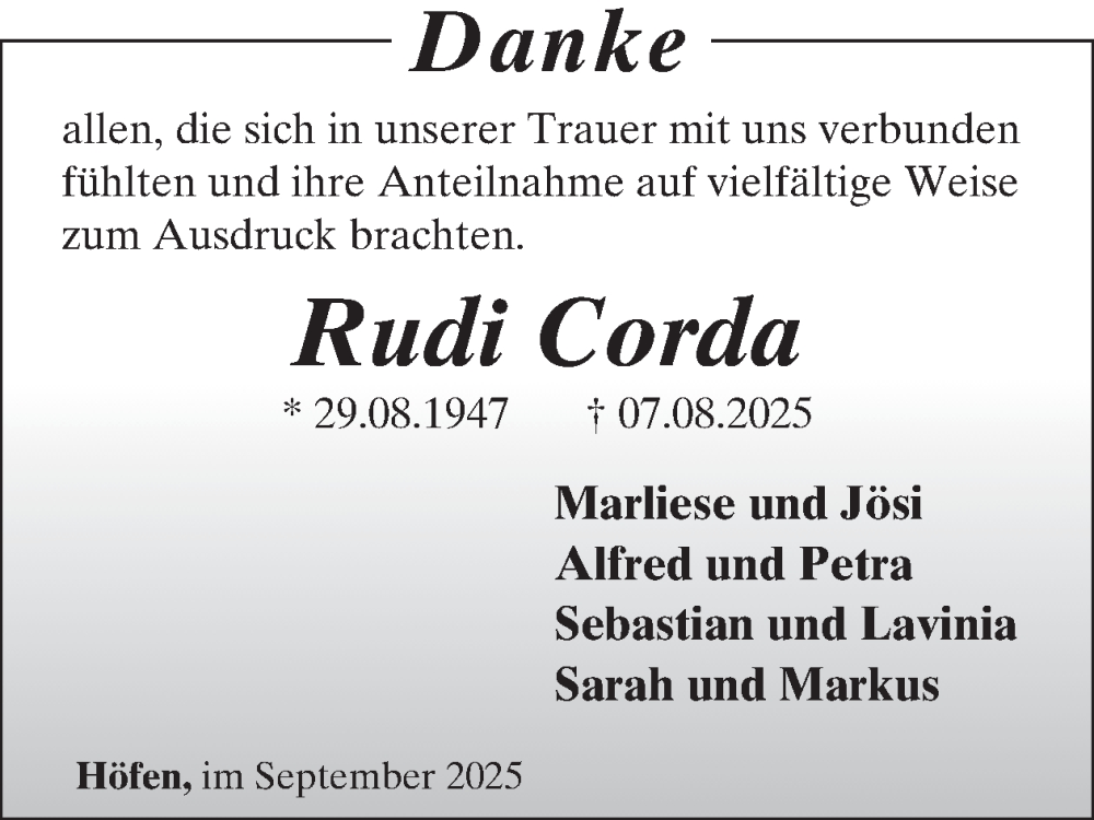  Traueranzeige für Rudi Corda vom 03.09.2025 aus WochenSpiegel