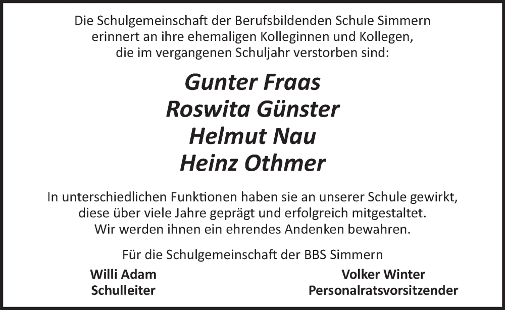  Traueranzeige für Verstorbene Kollegen und Kolleginnen der BBS Simmern vom 20.09.2025 aus WochenSpiegel