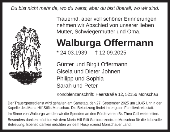 Traueranzeige von Walburga Offermann von WochenSpiegel