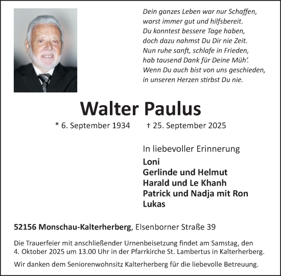 Traueranzeige von Walter Paulus von WochenSpiegel