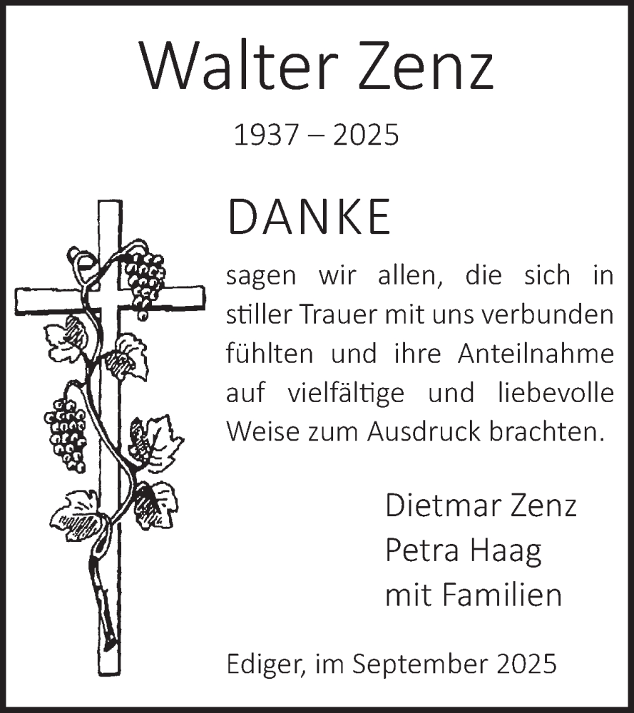  Traueranzeige für Walter Zenz vom 10.09.2025 aus WochenSpiegel
