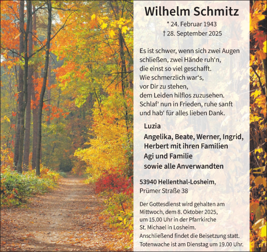 Traueranzeige von Wilhelm Schmitz von WochenSpiegel