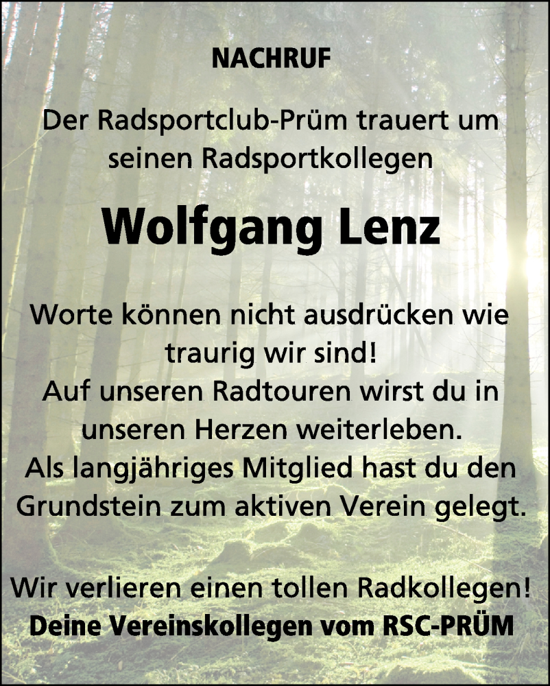  Traueranzeige für Wolfgang Lenz vom 19.09.2025 aus WochenSpiegel