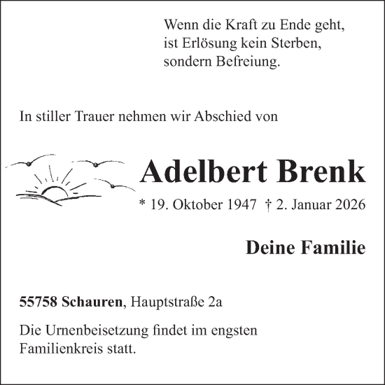 Traueranzeige von Adelbert Brenk von WochenSpiegel
