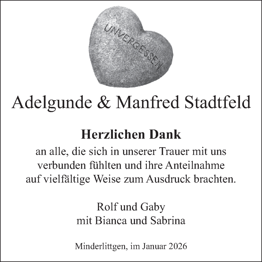  Traueranzeige für Adelgunde Stadtfeld vom 09.01.2026 aus WochenSpiegel
