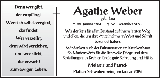 Traueranzeige von Agathe Weber von WochenSpiegel