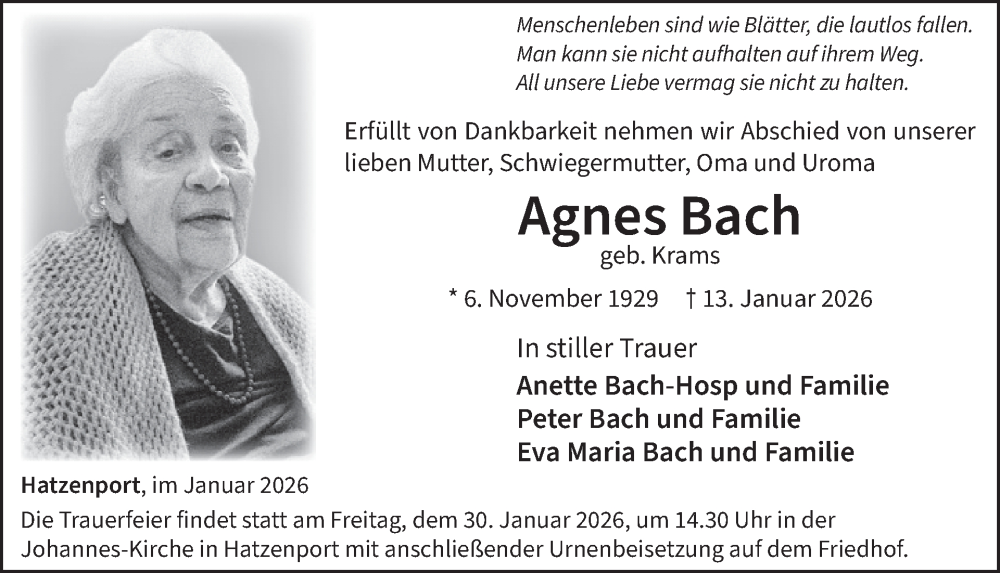  Traueranzeige für Agnes Bach vom 28.01.2026 aus WochenSpiegel