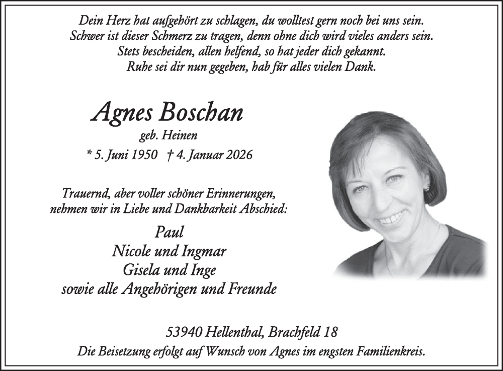  Traueranzeige für Agnes Boschan vom 14.01.2026 aus WochenSpiegel