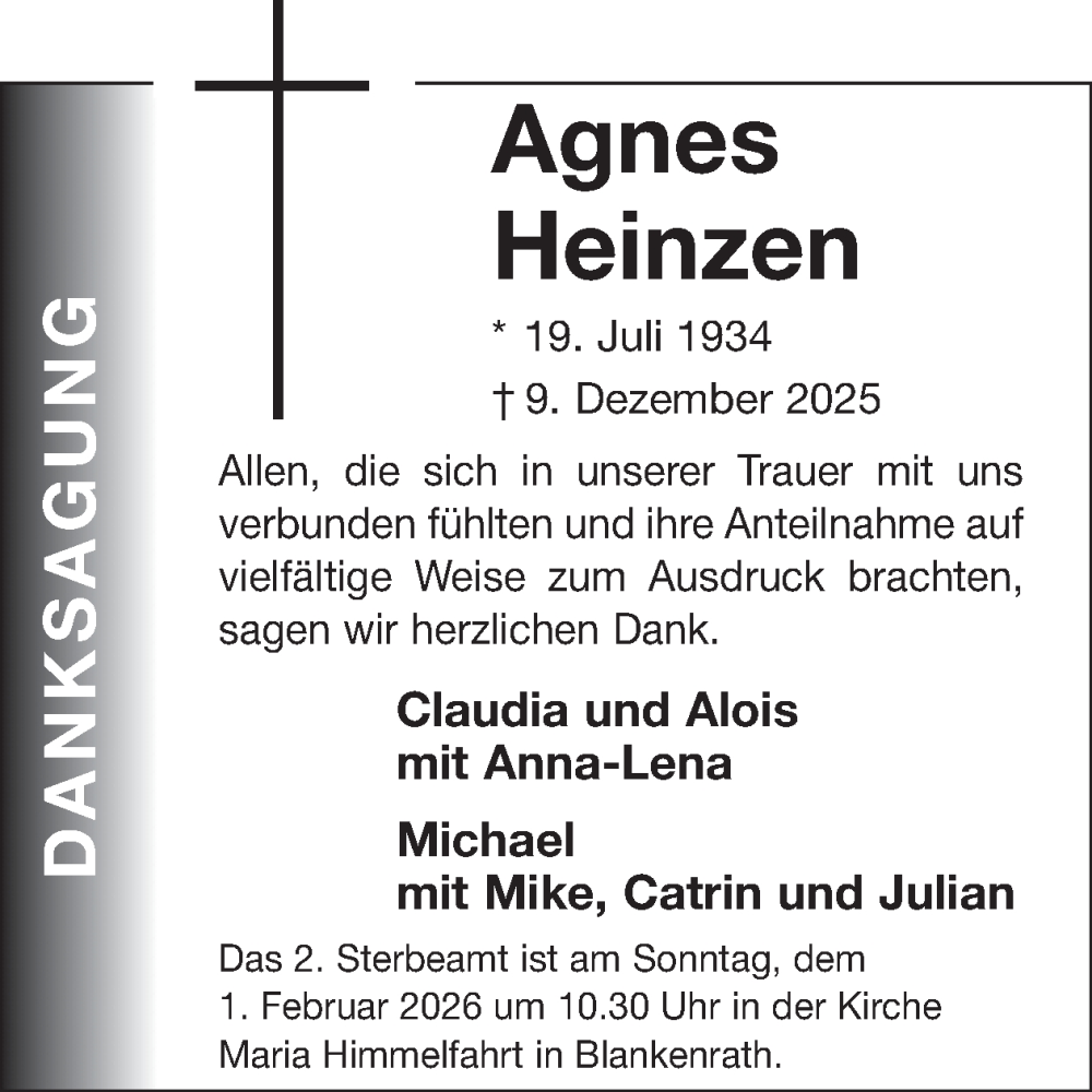  Traueranzeige für Agnes Heinzen vom 21.01.2026 aus WochenSpiegel
