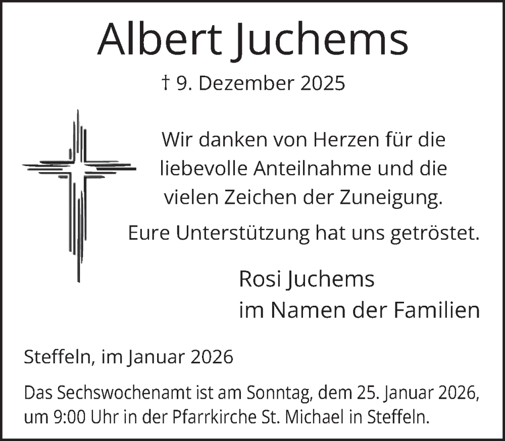  Traueranzeige für Albert Juchems vom 17.01.2026 aus WochenSpiegel