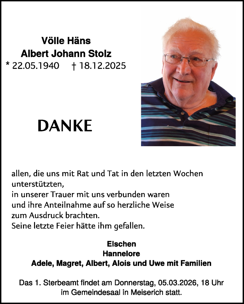  Traueranzeige für Albert Johann Stolz vom 17.01.2026 aus WochenSpiegel