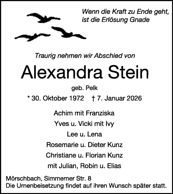 Traueranzeige von Alexandra Stein von WochenSpiegel