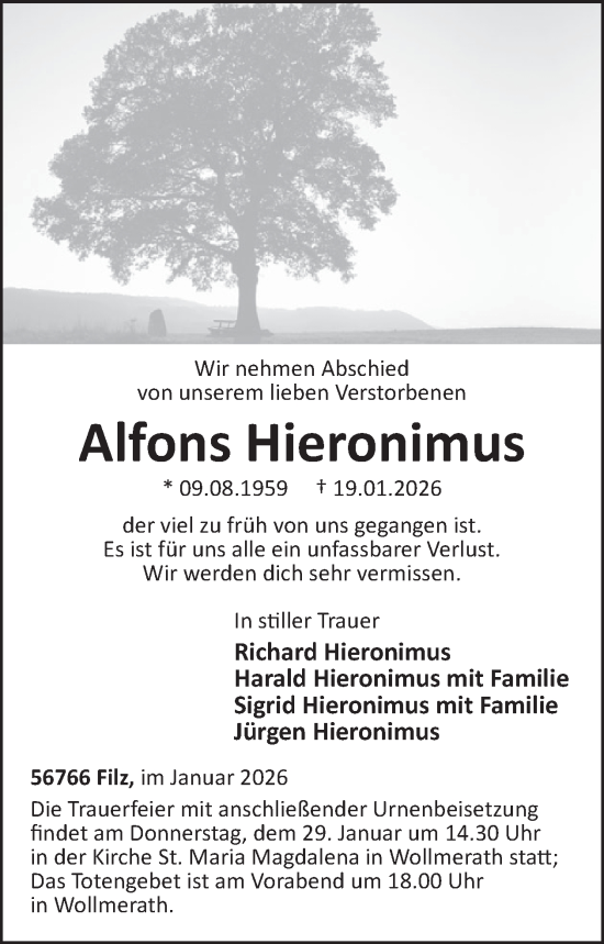 Traueranzeige von Alfons Hieronimus von WochenSpiegel