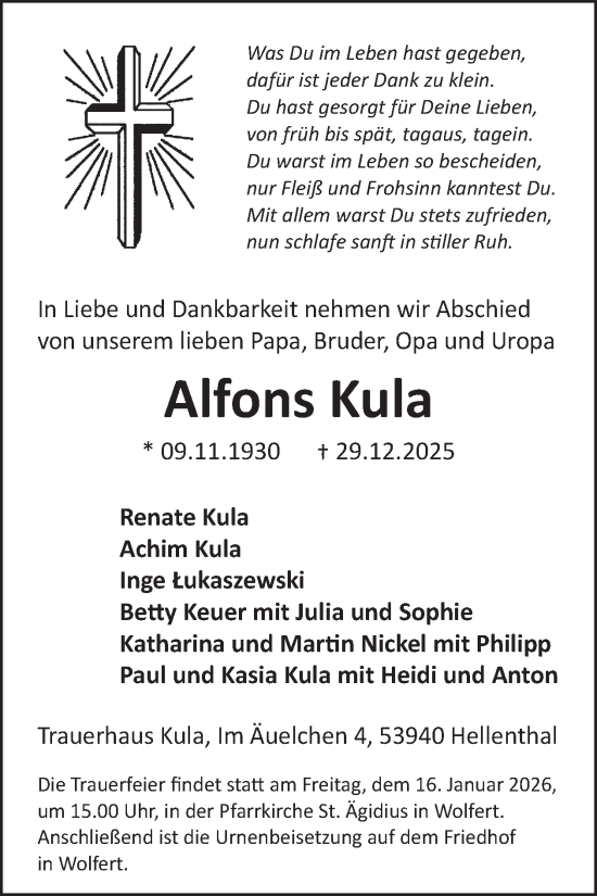 Traueranzeige von Alfons Kula von WochenSpiegel