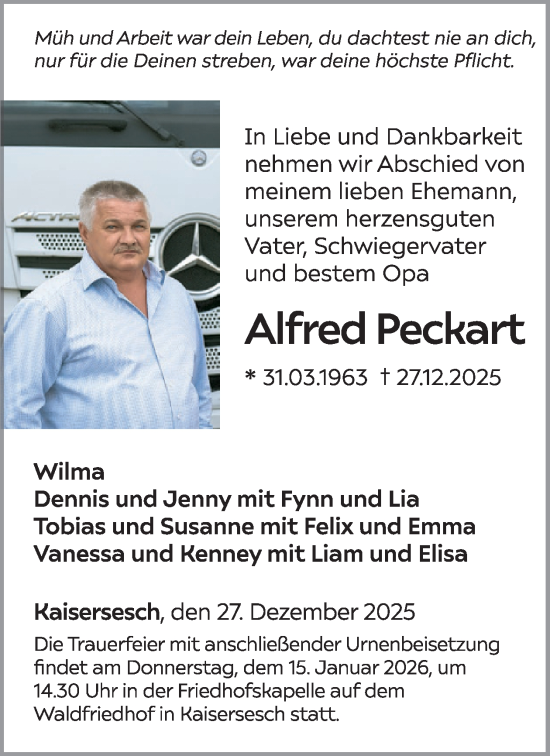 Traueranzeige von Alfred Peckart von WochenSpiegel