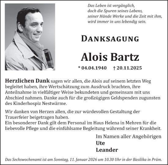 Traueranzeige von Alois Bartz von WochenSpiegel